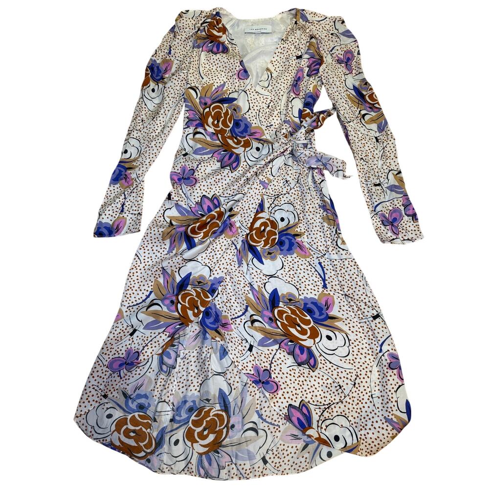 Les Reveries Floral Polka‎ Dot Wrap Midi Dress Purple Brown Blue Size 4 - Picture 3 of 6